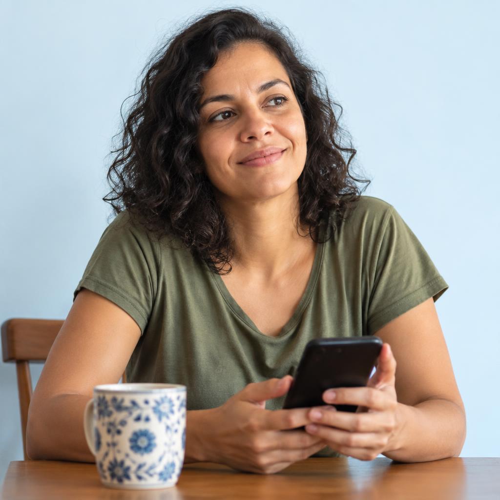 Pessoa olhando o celular sentada à mesa de casa